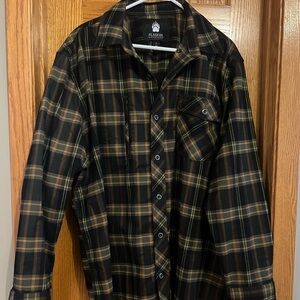 Duluth Trading Co AKHG Black/brown/tan Plaid Button Down with red & chartreuse
